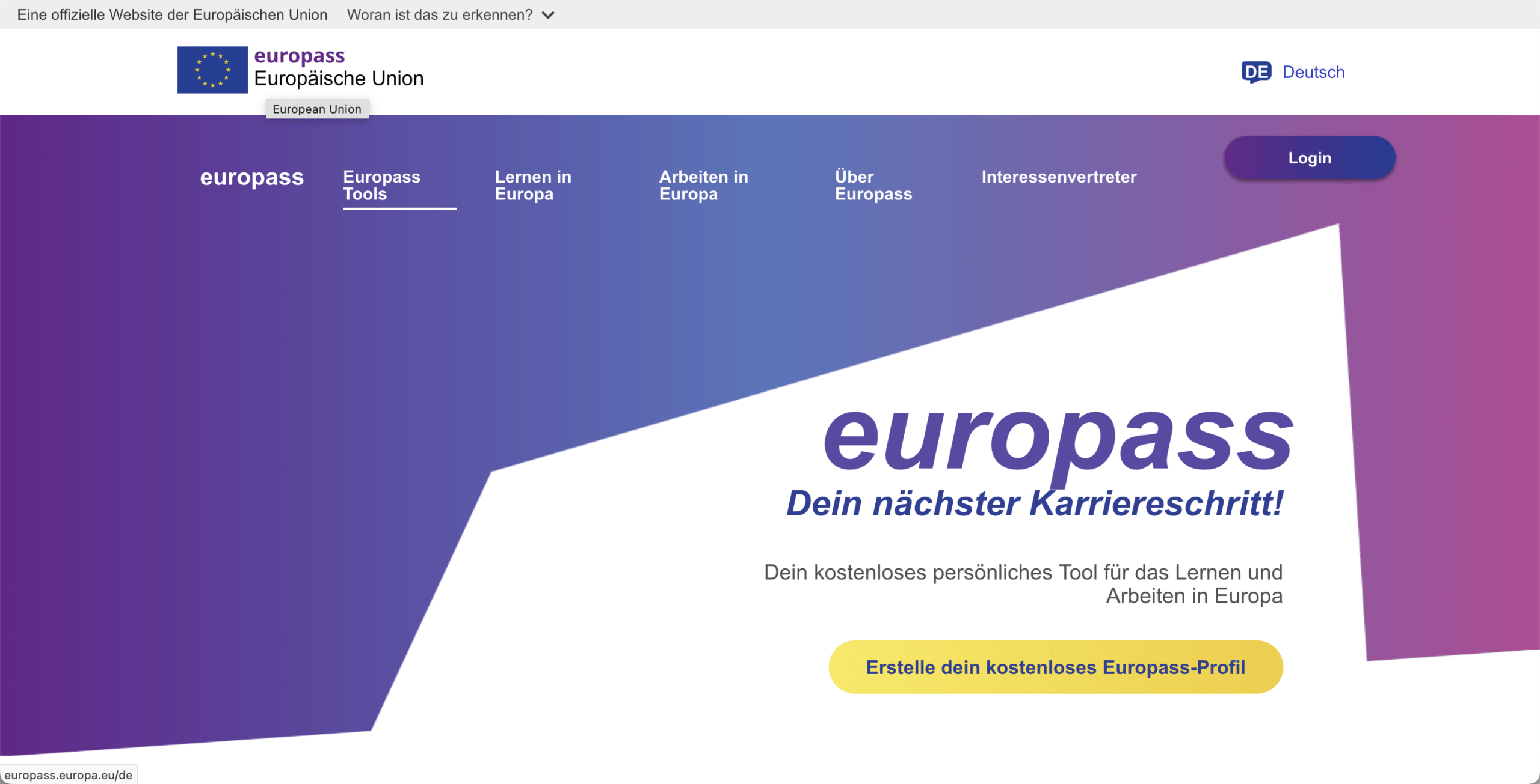 Europass Screenshot von der Webseite Europass, einem hilfreichen Tool, seinen Lebenslauf zu erstellen und zu versenden.